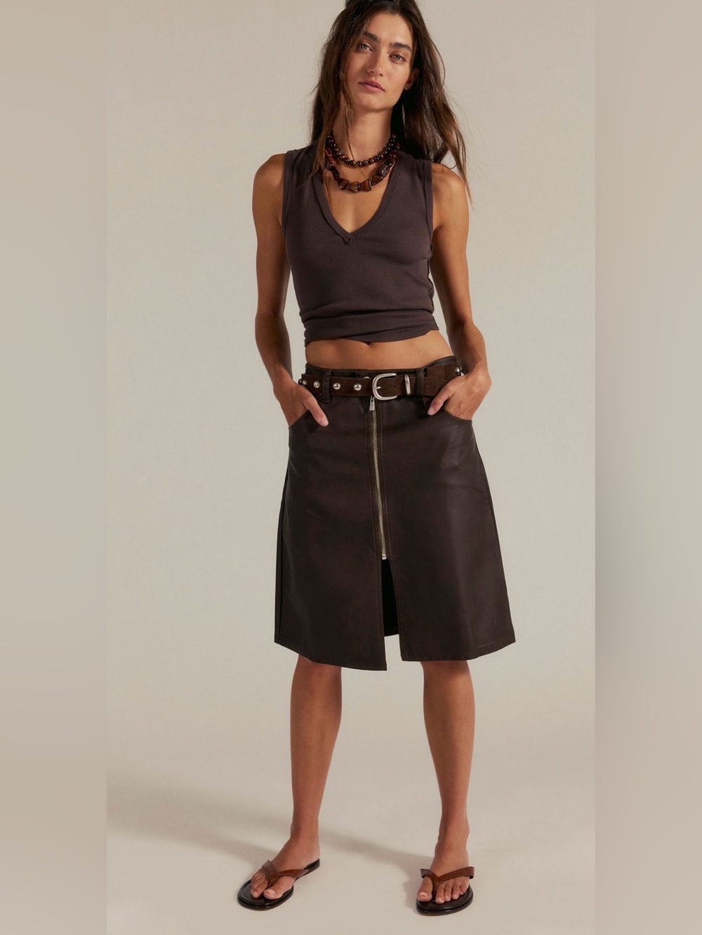 Free People Sycamore Vegan Zip-Front Midi Skirt 5 Pocket Design 27 Color Rusty